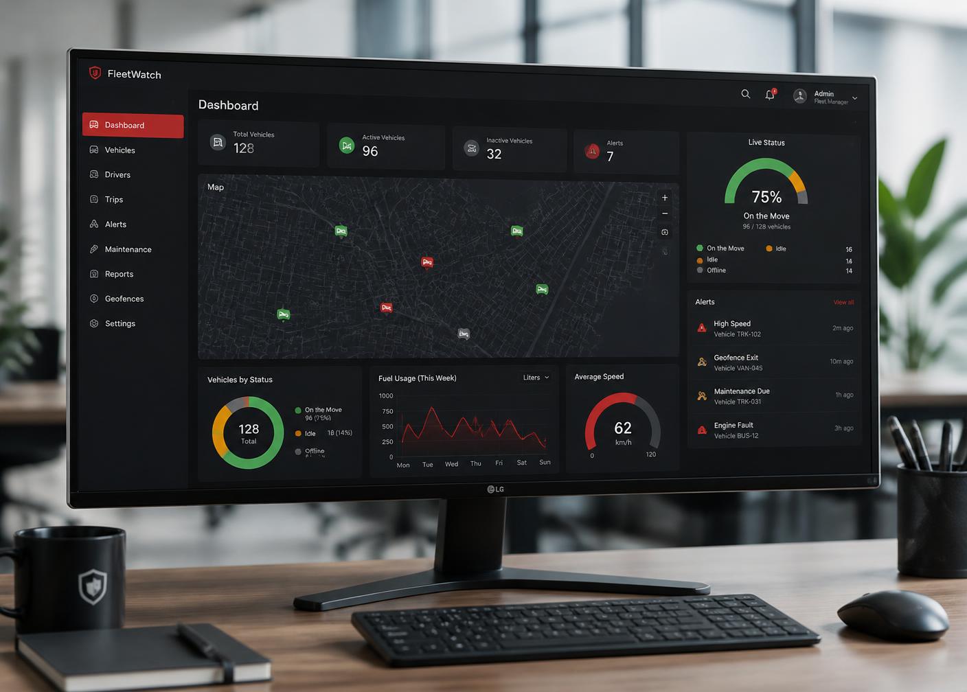 Painel moderno de monitoramento de frotas com mapa e indicadores