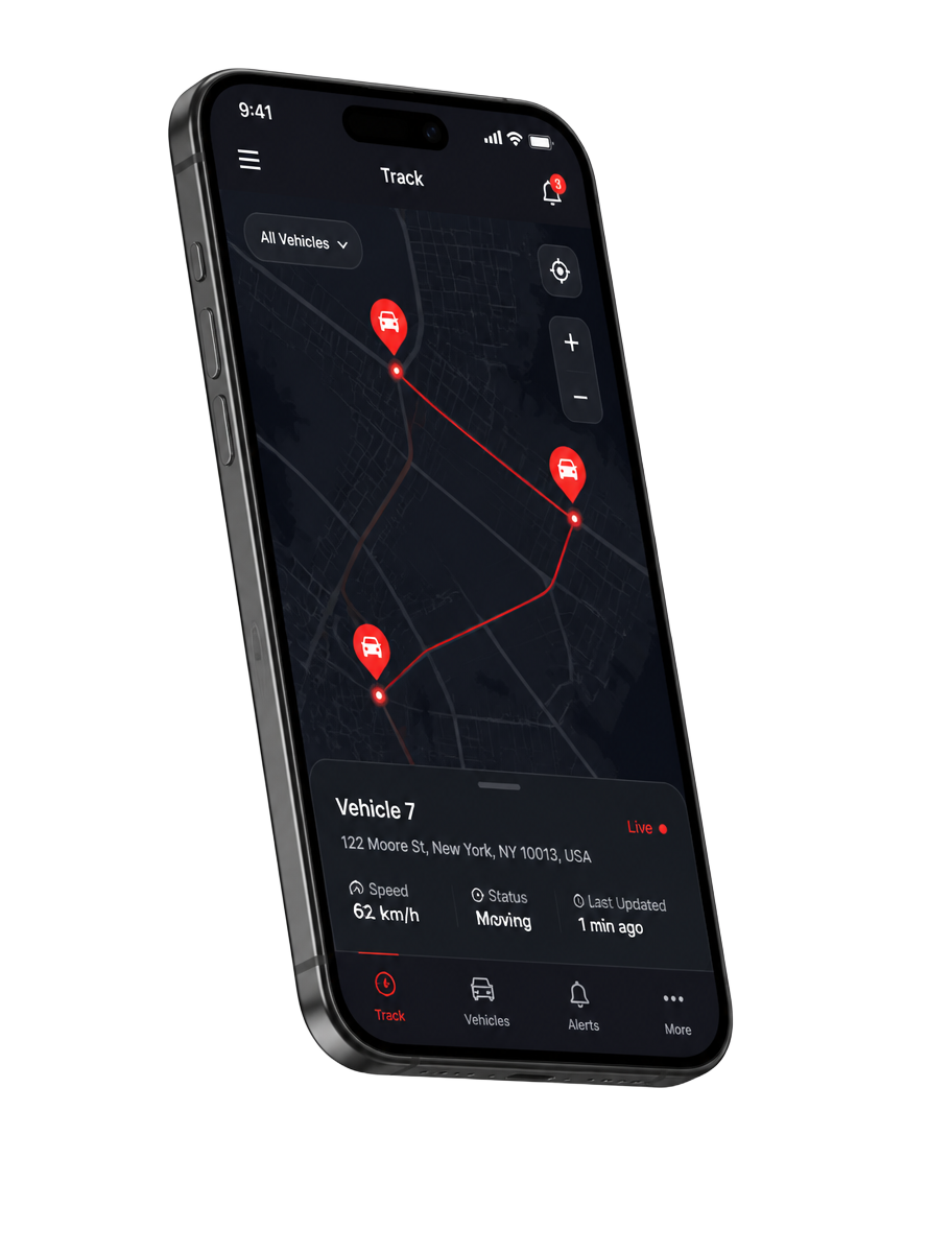 Smartphone exibindo mapa com veículos monitorados em tempo real